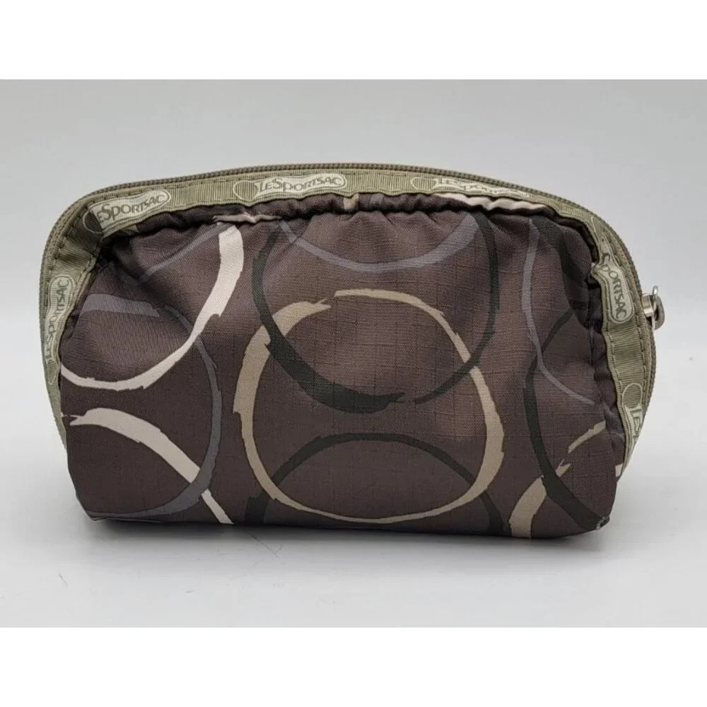 LeSportsac Zippered Cosmetic Pouch / Small Travel Bag – Brown & Olive Abstract P - Picture 1 of 8